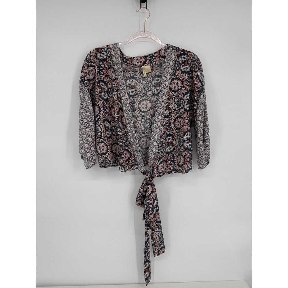 Japna Kimono Cardigan Wrap Tie Front Floral Print Long Sleeve Womens Blouse Sz S
